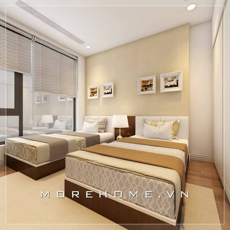 Giường ngủ khách sạn được lựa chọn với chất liệu gỗ công nghiệp, tone màu nâu nhẹ nhàng mà thanh thoát tạo điểm nhấn cho cả căn phòng